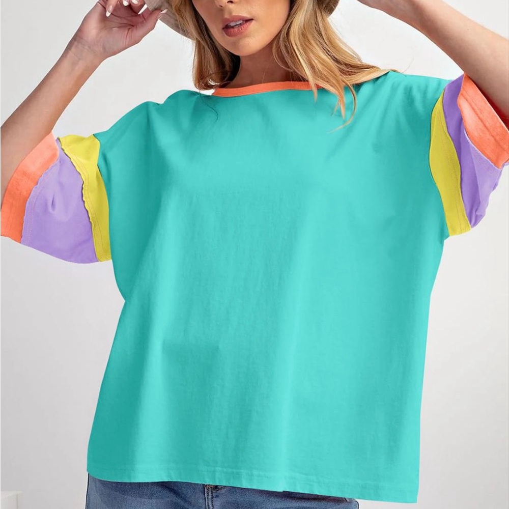 TSHIRT- Bold AQUA/turquoise - BRAND NEW - Boxy Short sleeve Colorblock Shirt